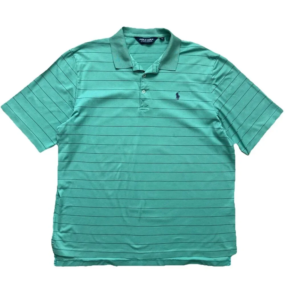 Polo Golf Ralph Lauren Polo Shirt Mens L Green Blue Striped Pima Cotton Knit
